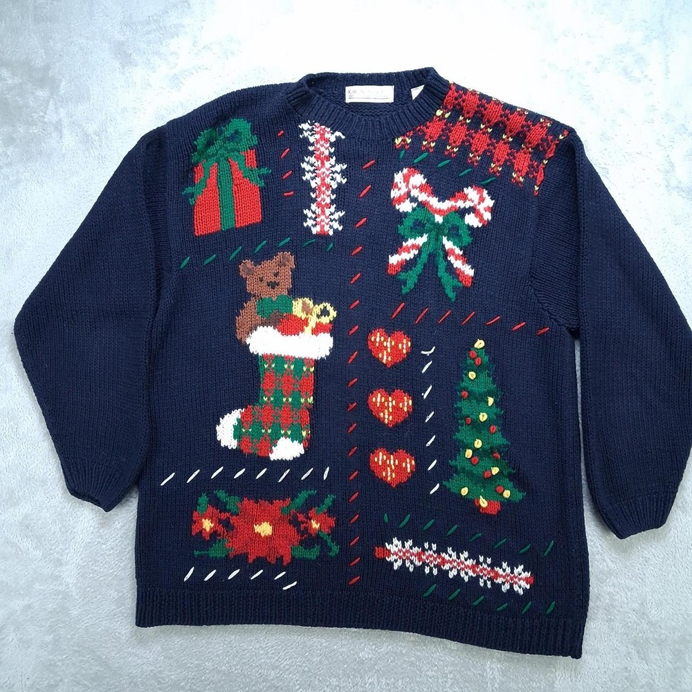 Karen Scott II Vintage Christmas Ugly Sweater 2X Navy Blue Holiday Teddy Bear